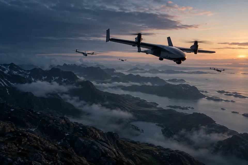 Four unarmed survey aircraft flying above coastal mountains