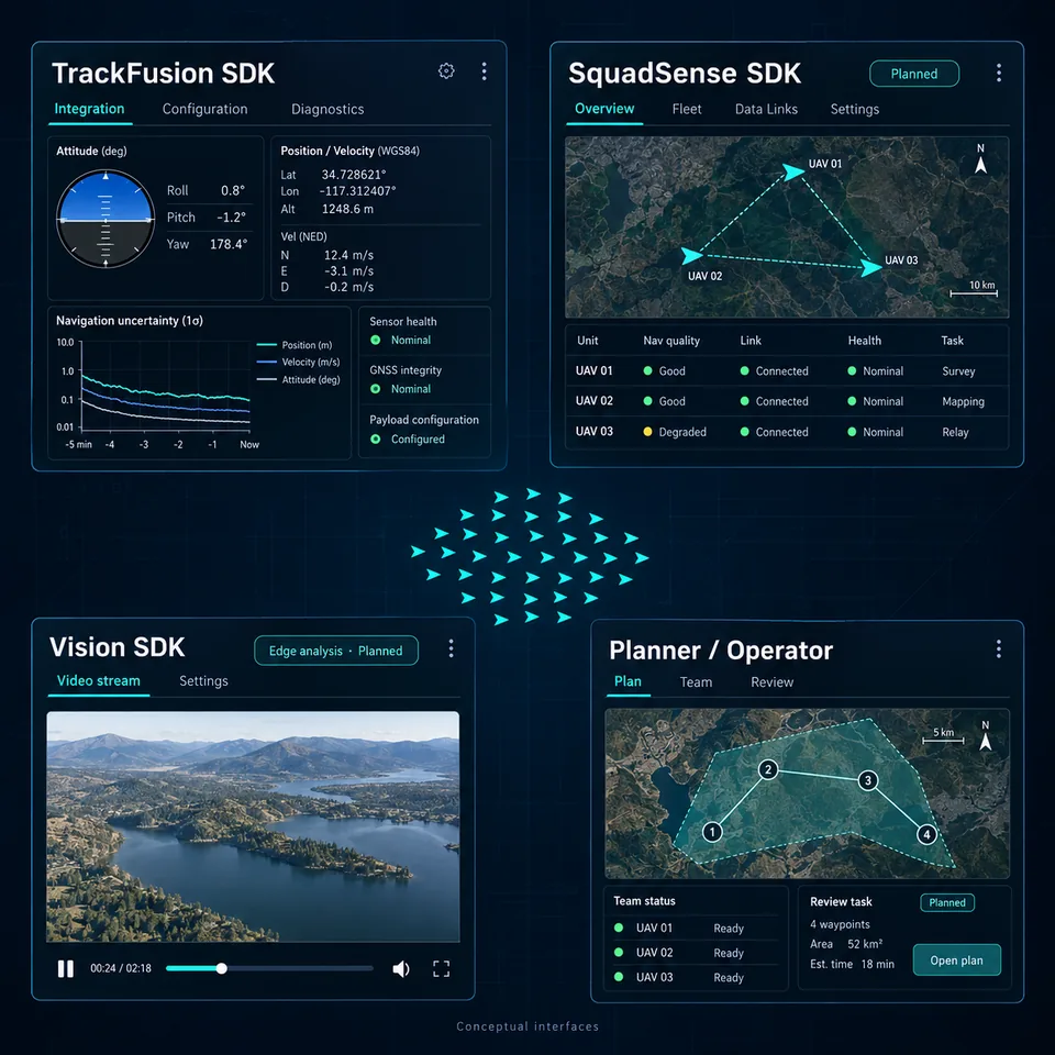 Conceptual interfaces for the TrackFusion SDK, SquadSense SDK, Vision SDK and planner / operator view
