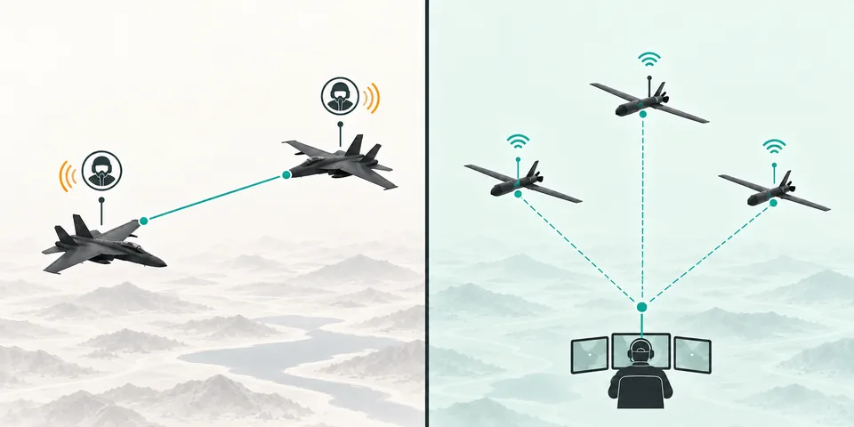 Two piloted aircraft coordinating in flight beside three uncrewed aircraft linked to a ground operator