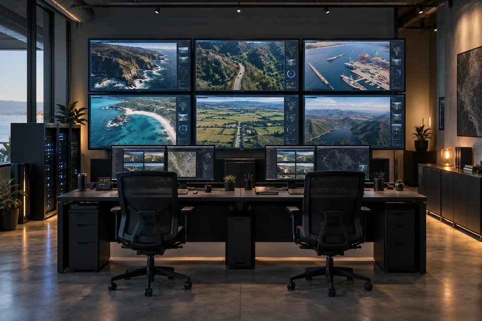 Video operations room with aerial feeds across six monitors